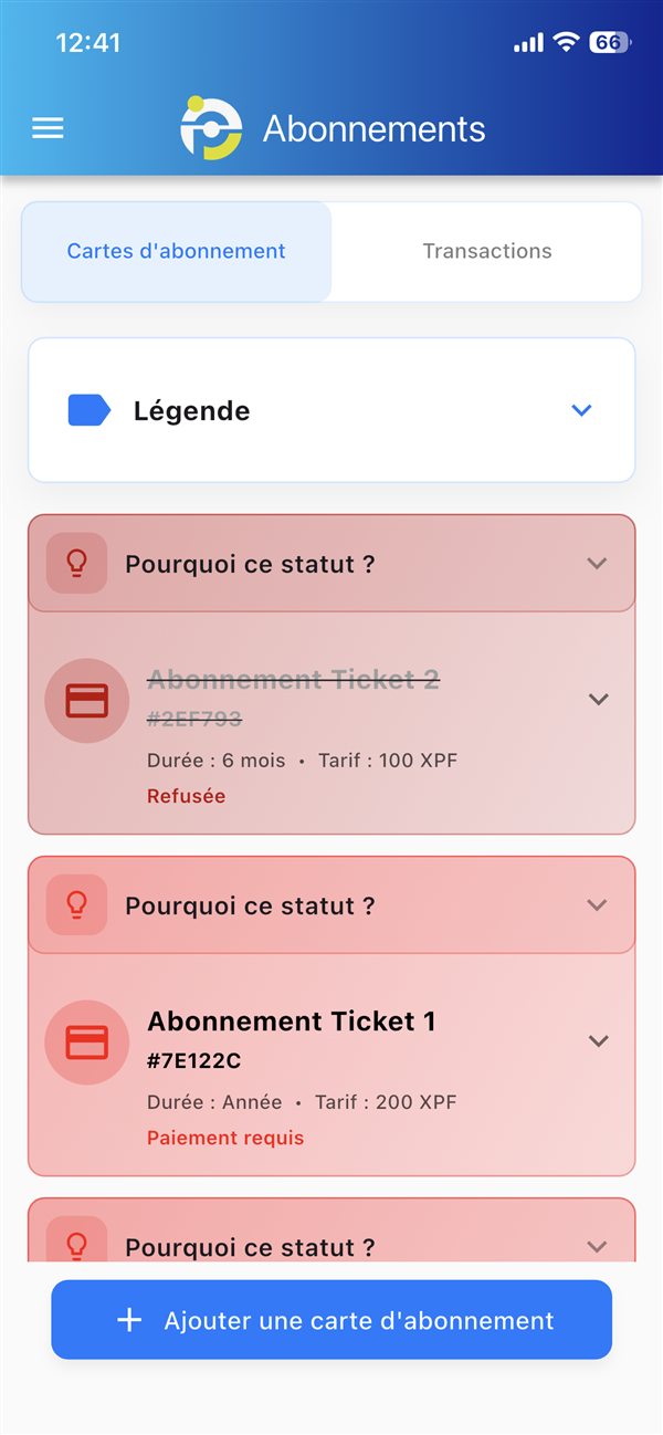Cartes d'abonnement et leurs statuts dans GarezVous