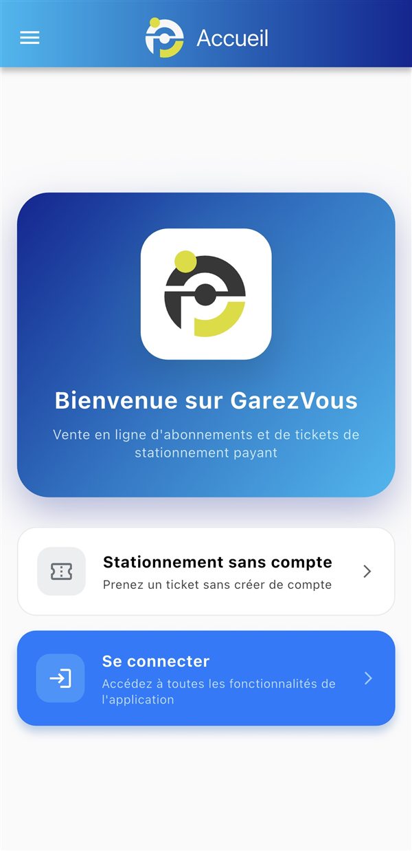 Accueil de GarezVous avec l'accès au stationnement sans compte