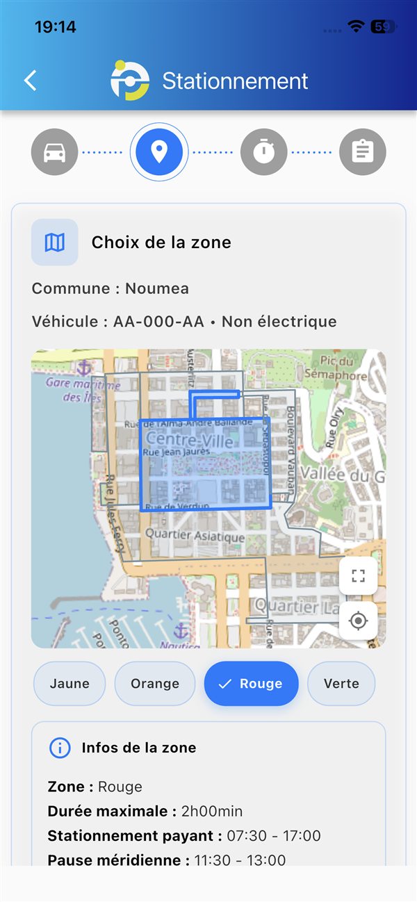 Création d'un ticket de stationnement : choix de la zone sur la carte